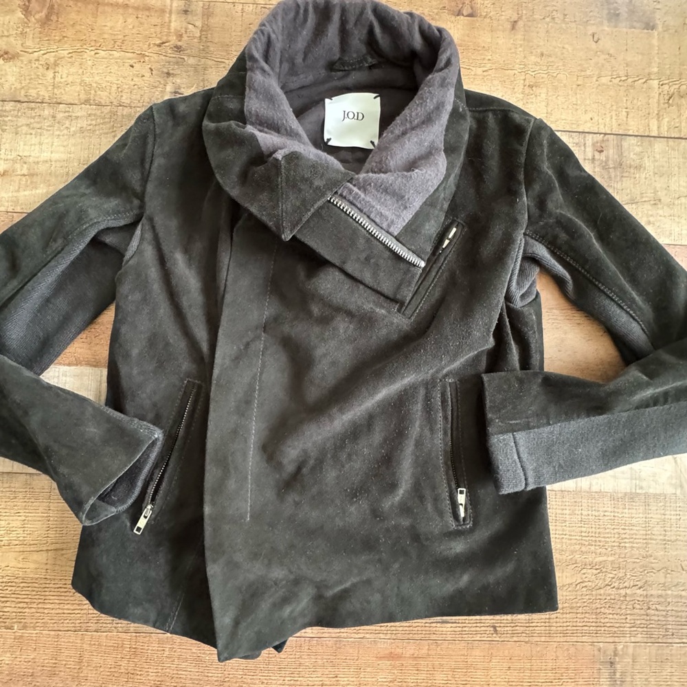 J.O.D . Suede Jacket Full Zip and Foldover Collar Black Leather MEDIUM